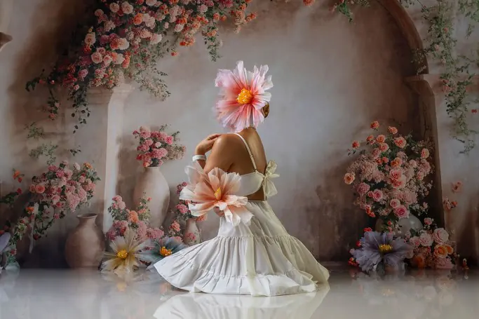 Escenario de flores del estudio de Nachel Fotografía